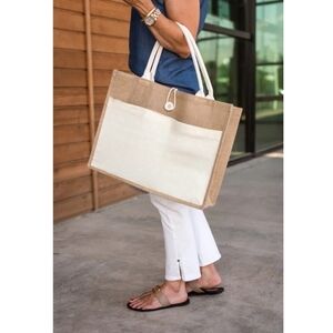 Large Canvas Jute Tote Bag Cream Reusable Beach Market Shopper Pocket NEW